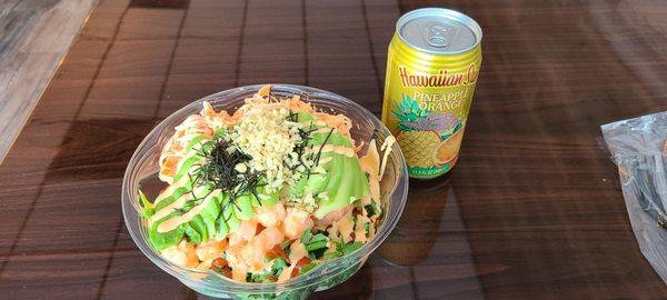 Volcano Poke Bowl with Hawaiian Sun Pineapple-Orange beverage.