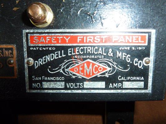 Plaque on antique electrical panel showing 1917 year. Really cool