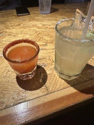 Margarita and some lil mango shot with tajin that was delicious!