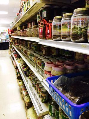 Tons of pickled vegetables and fruits.