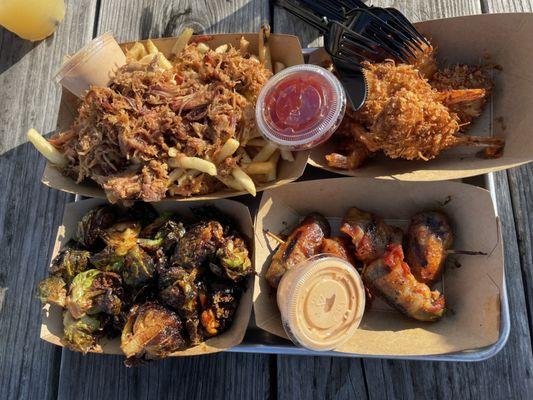 Jalapeño poppers, Brussel sprouts, coconut shrimp, pulled pork fries