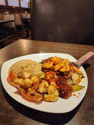 Ribeye steak and lobster w/shrimp fried rice.