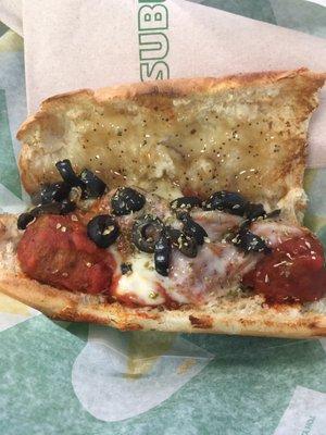 6 inch Meatball Marinara Sandwich with black olives and sweet onion sauce