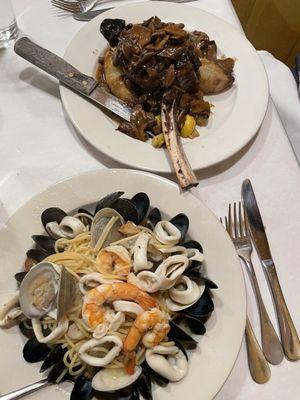 Top: veal with potatoes  Bottom: seafood spaghetti alla scoglio