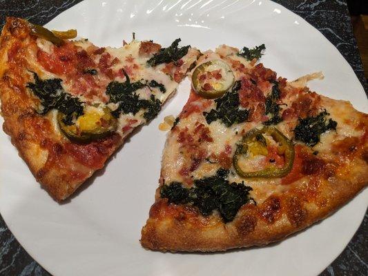 Bacon, spinach, banana peppers custom pizza