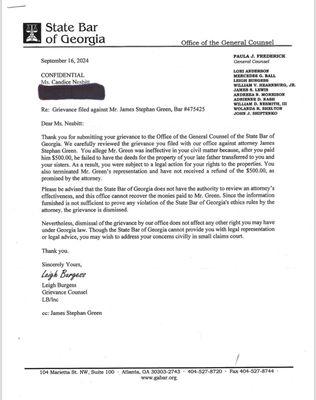 The State Bar of Georgia's response to my grievance.