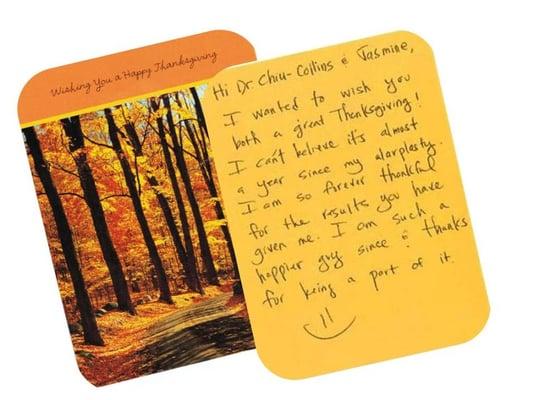 A lovely Thanksgiving Note / Testimonial from a happy Alarplasty (nostril narrowing) patient.