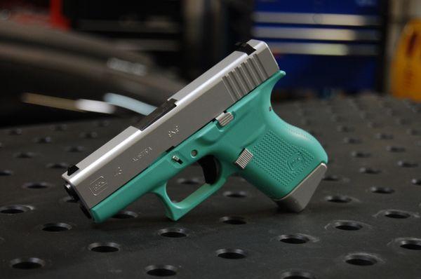 Glock 43 with our Tif Blue frame and Satin Aluminum Slide & Parts we cerakoted!  These are always in stock at our shop or online!