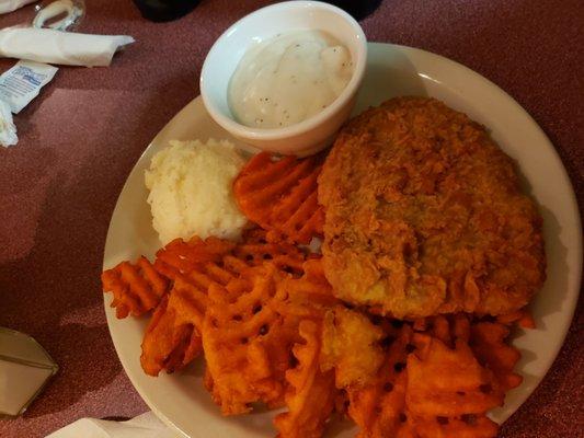 Country Fried Steak with Mashed Potatoes and Sweet Potato Waffle fries