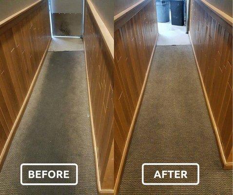 Before and After of our Carpet Cleaning work in a Hallway.