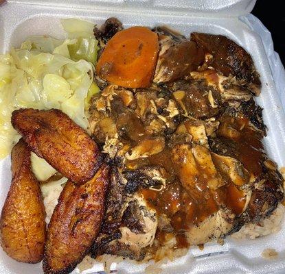 Jerk Shack -- jerk chicken, cabbage, plantains, black bean dirty rice