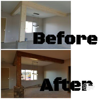 Before and after stained wood beam