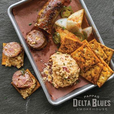 VICKY'S HOMEMADE PIMENTO CHEESE with grilled jalapeño & cheddar sausage & East Texas crackers