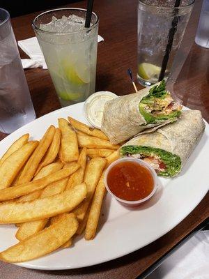 Sweet chili chicken wrap w/ fries & margarita