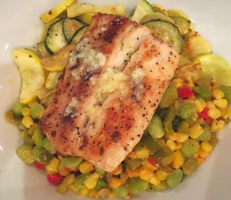 Mahi Mahi over a blend of succotash, squash and zucchini. This was very good.