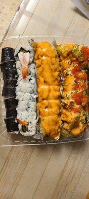 (Left to Right) Salmon Maki. New york Roll. Golden Cali Roll. Sharks Roll