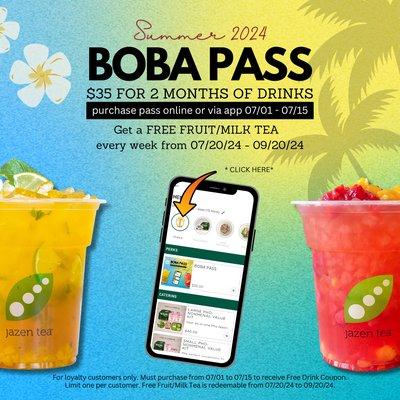 IT'S OFFICIALLY HERE!  2024 Summer Boba Pass! Purchase pass online or via app!
.
For just $35, enjoy 2 months of free Fruit/Milk Teas!