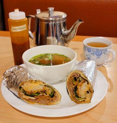 The Pho-rrito! A burrito made of beef pho ingredients, with a bowl of warm broth, Yum!