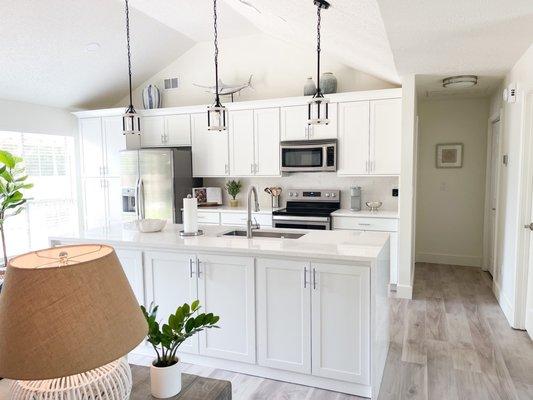 Quartz waterfall countertops and backsplash