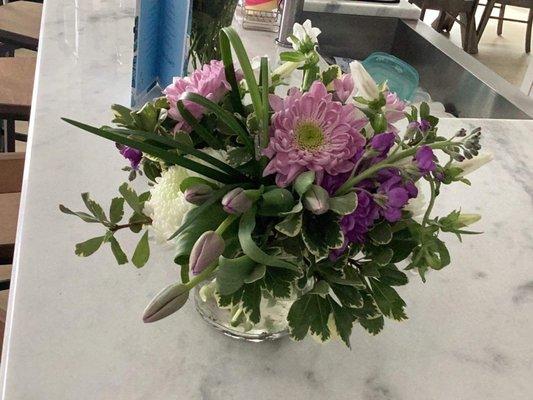 Flower arrangement with tulips and purple vibe