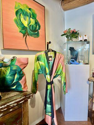 Luxurious silk robes, scarves and kimonos of each of the paintings - truly wearable art in the most luxe forms and fashions.