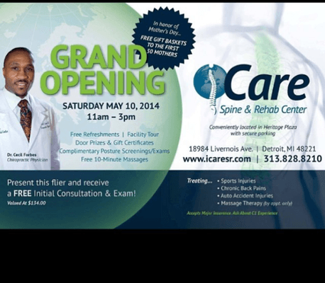 Open House flyer for the new iCare Spine & Rehab Center!