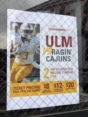 11/24/18. Saturday afternoon. Malone Stadium. UL-Monroe campus. Ragin' Cajuns vs. the ULM Warhawks.