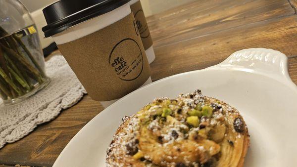 Great coffee with a side of delish Pistachio Pinwheel.