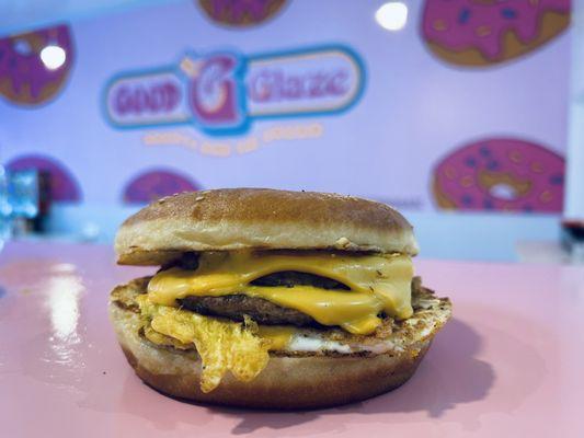 Sausage, Egg, And Cheese on a fresh Donut bun. Need we say more!