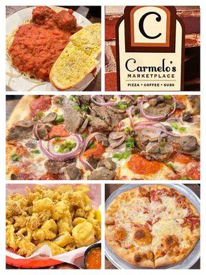 Comforting Spaghetti and Meatballs, Carmelo's Supreme Pizza, Calamari and Kids Cheese Pizza @ Carmelo's Pizzeria-St. Augustine.