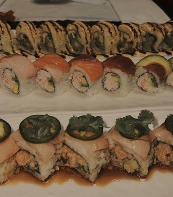 Yellowtail jalapeño roll , rainbow roll and crunchy roll