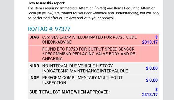 Photo of service performed by Infiniti and cost to replace valve body