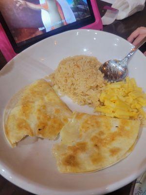 Kids quesadilla and rice