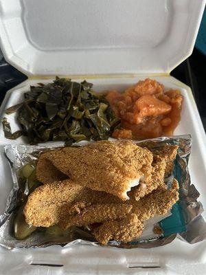 Catfish plate with greens and yams. I took a bite of the catfish before I took the pic.