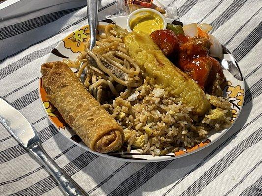 Egg Roll, House Lo Mein, Egg Fried Rice and Sweet and Sour Pork with added vegetables