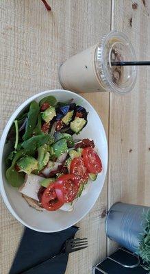 Avocado toast, iced mocha coffee.