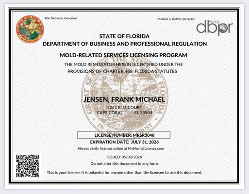 Inspector Frank's State Mold Remediation License