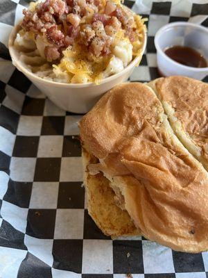 Smoked chicken breast sandwich with loaded mashed potatoes