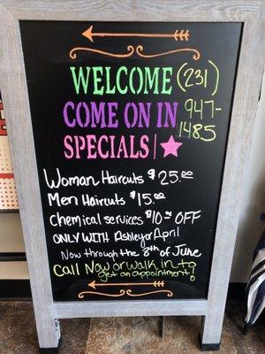 Welcoming Ashley Noonan! Please come take advantage of these specials with both Ashley and April! 947-1485