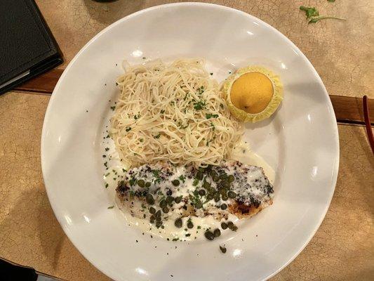 Panko encrusted Chilean Seabass with Angel hair pasta, and capers with a lemon sauce