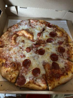 "Large" half pepperoni half cheese.