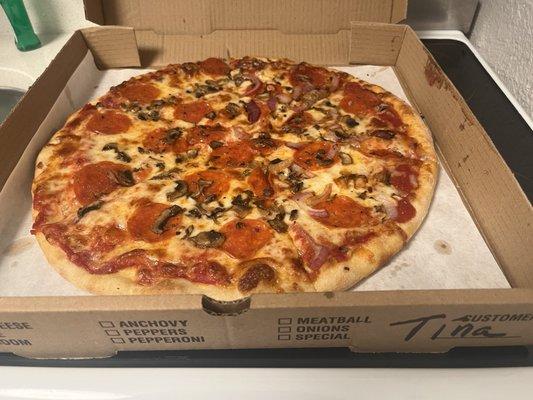 13" pep, mushroom, and half onion