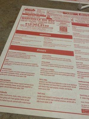 Menu- it's on a throwaway placemat.