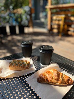 Ham and cheese croissant (front); spinach and feta feuilleté (back).