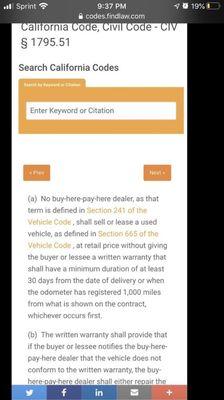 Buy Here Pay Here dealers California must provide at least a 1,000 mile / 30 day warranty on ALL used cars they offer for sale