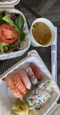 4/27/2021. Sushi Lunch for about $15. Real crab in California Roll! Salad dressing was bomb!