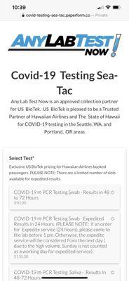 Booking site that shows $90 or $150 for COVID PCR nasal test