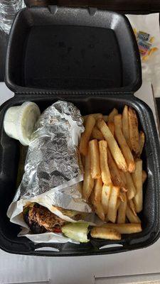 Spicy chicken gyro with fries