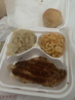 Blackened fish, cabbage, Mac and cheese, roll