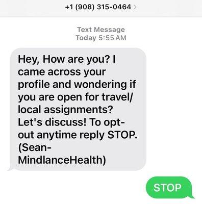 Mindlance 2/8 text message received today